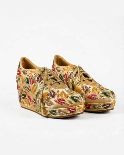 Golden Leaf-Multicolor Embroidered Gold Wedge