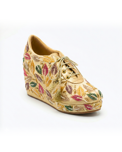 Golden Leaf-Multicolor Embroidered Gold Wedge