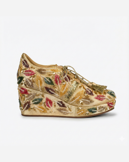 Golden Leaf-Multicolor Embroidered Gold Wedge