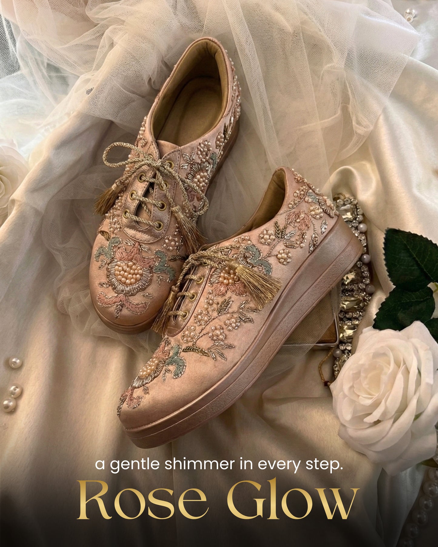 Rose Gold Pearl & Sequin Embroidered Wedge Sneakers