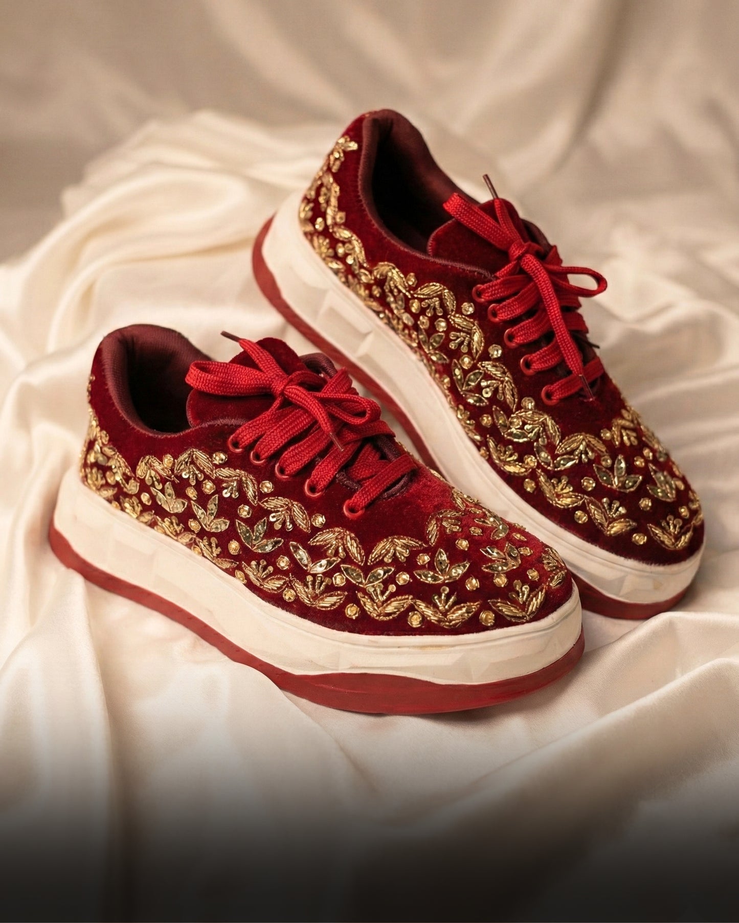 Chandni, Dark Maroon Velvet Sneakers – Silver Stone & Zari Work