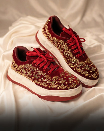 Chandni, Dark Maroon Velvet Sneakers – Silver Stone & Zari Work