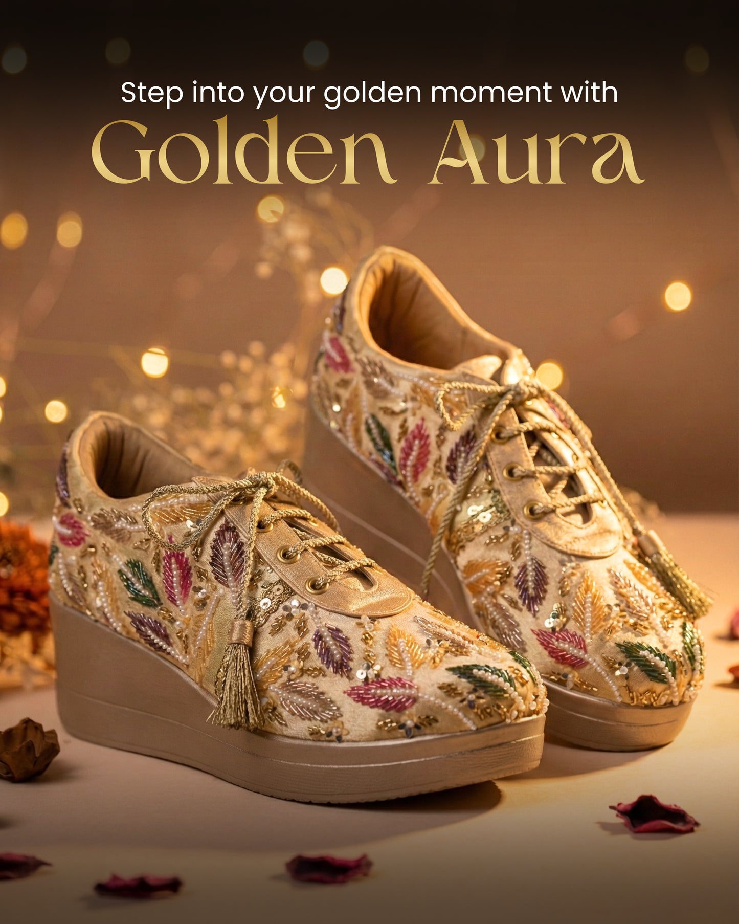 Golden Aura-Gold Embroidered Wedge Sneakers