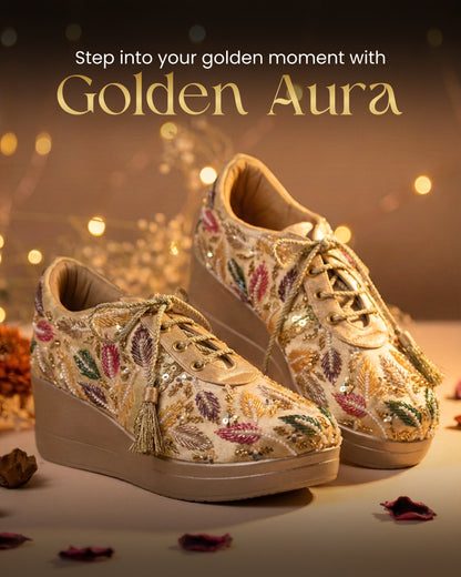 Golden Aura-Gold Embroidered Wedge Sneakers