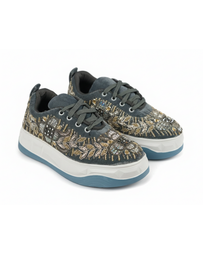 Gray Aura-Embroidered Ethnic Sneakers
