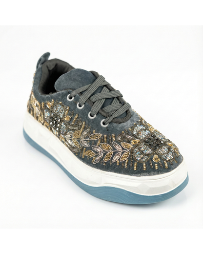 Gray Aura-Embroidered Ethnic Sneakers