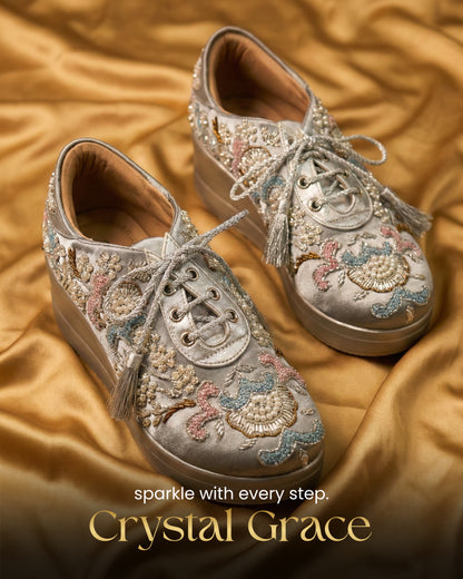 Crystal Grace-Embroidered Silver Sneakers