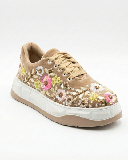 Gotce Glow-Floral Embroidered Velvet Ethnic Sneakers