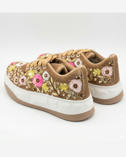 Gotce Glow-Floral Embroidered Velvet Ethnic Sneakers