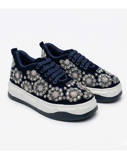 Midnight Royal-Navy Blue Velvet Embroidered Ethnic Sneakers