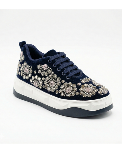 Midnight Royal-Navy Blue Velvet Embroidered Ethnic Sneakers