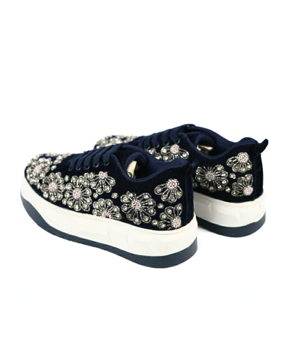 Midnight Royal-Navy Blue Velvet Embroidered Ethnic Sneakers