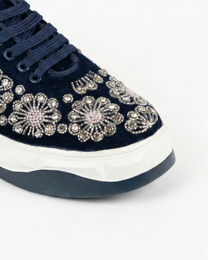 Midnight Royal-Navy Blue Velvet Embroidered Ethnic Sneakers
