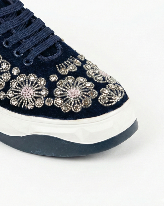 Midnight Royal-Navy Blue Velvet Embroidered Ethnic Sneakers