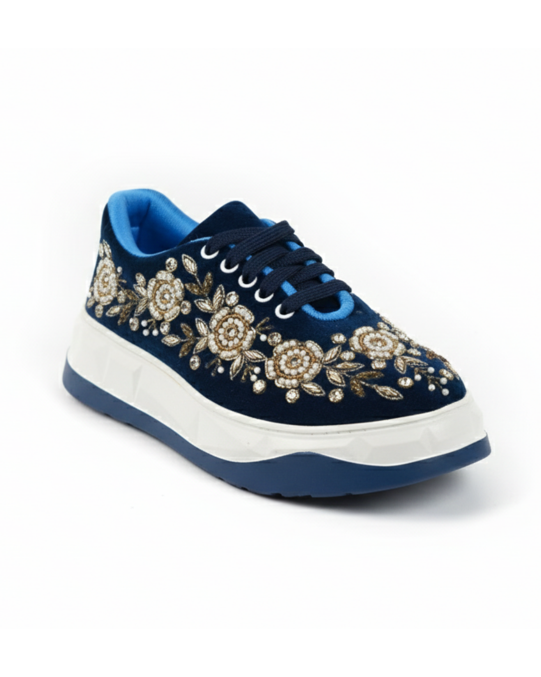 Noor Sapphire-Navy Blue Velvet Embroidered Ethnic Sneakers