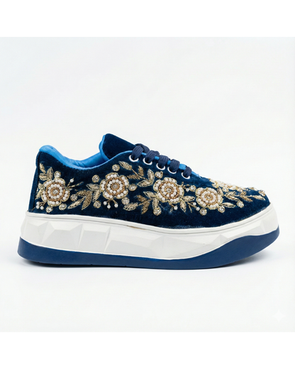 Noor Sapphire-Navy Blue Velvet Embroidered Ethnic Sneakers