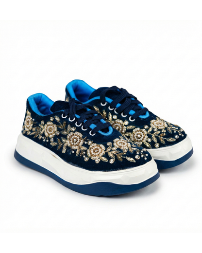 Noor Sapphire-Navy Blue Velvet Embroidered Ethnic Sneakers