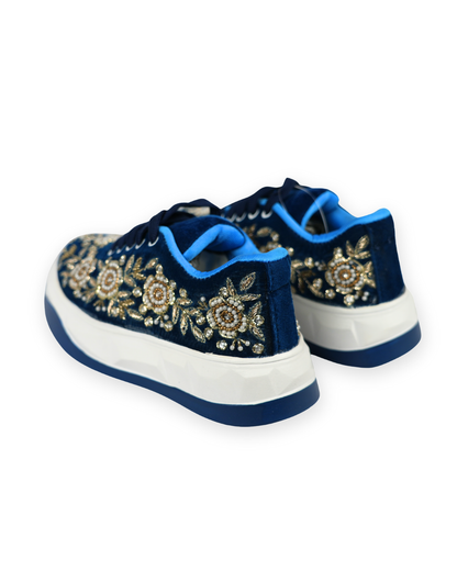 Noor Sapphire-Navy Blue Velvet Embroidered Ethnic Sneakers