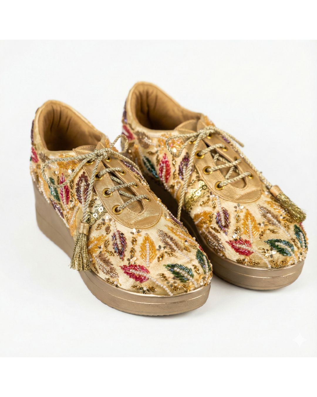 Golden Aura-Gold Embroidered Wedge Sneakers