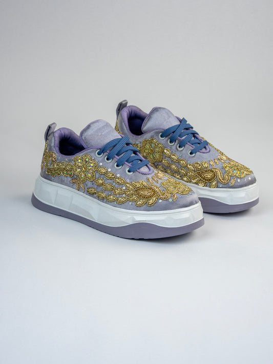 Zardaz, Lavender Satin Embellished Sneakers with Zari, Sequins & Beads