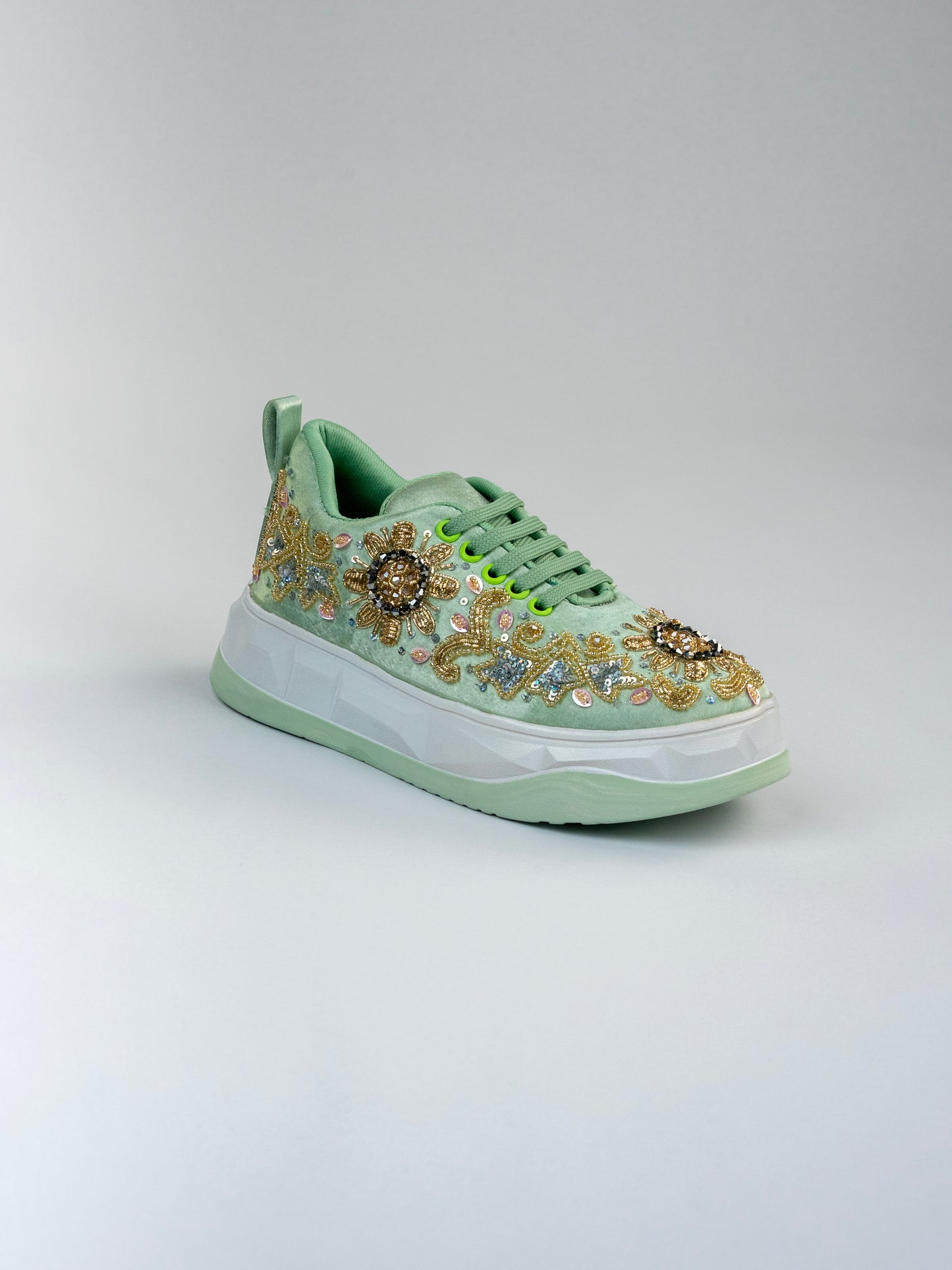 Jalwaa,Light Pista Green Satin Sneaker – Sunburst Floral Motif