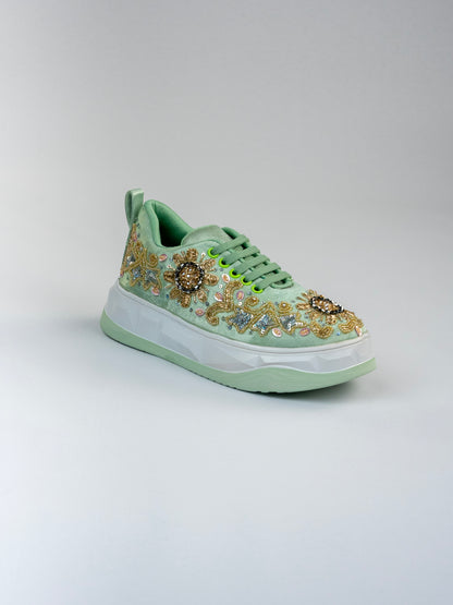 Jalwaa,Light Pista Green Satin Sneaker – Sunburst Floral Motif