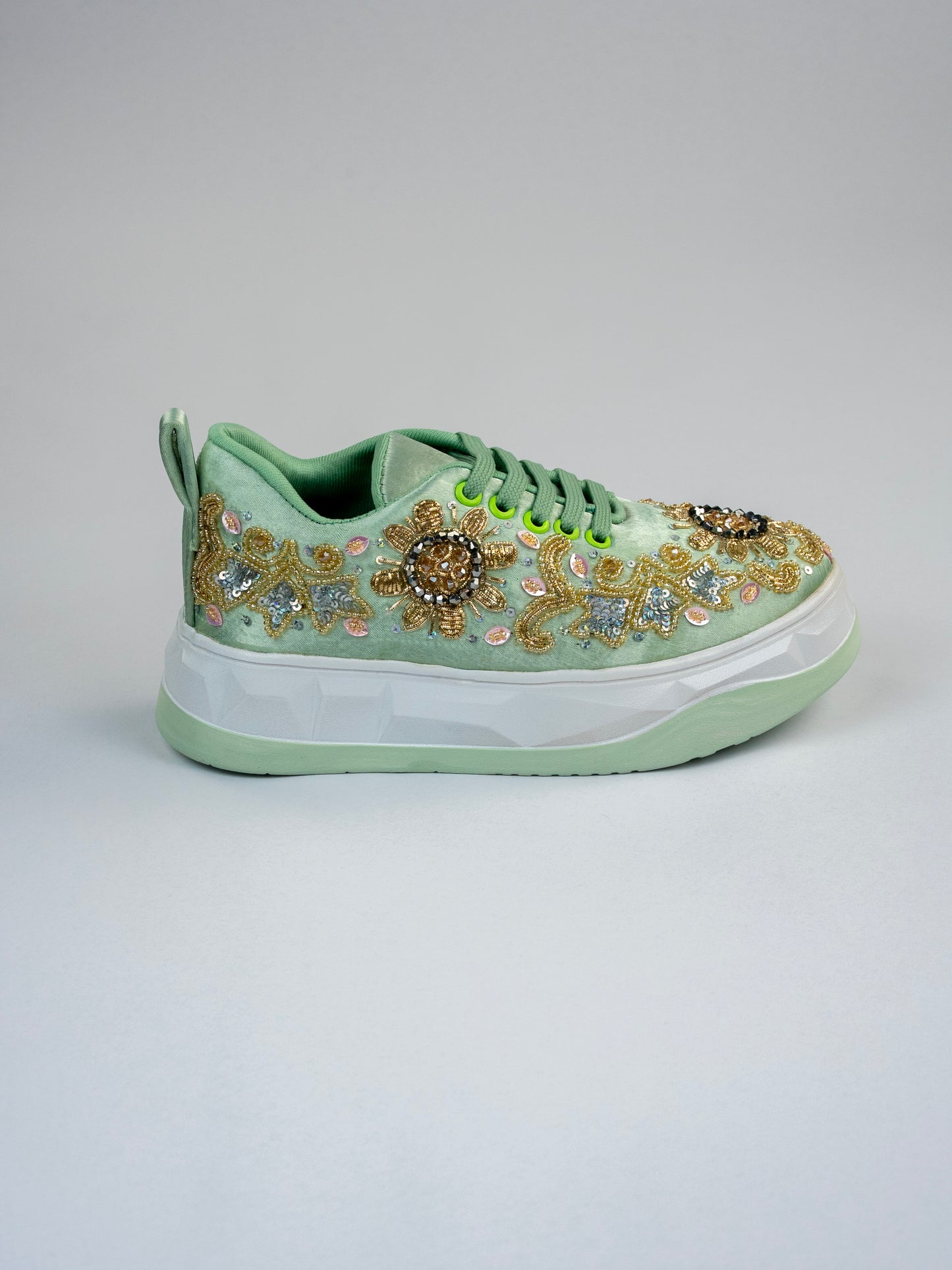 Jalwaa,Light Pista Green Satin Sneaker – Sunburst Floral Motif