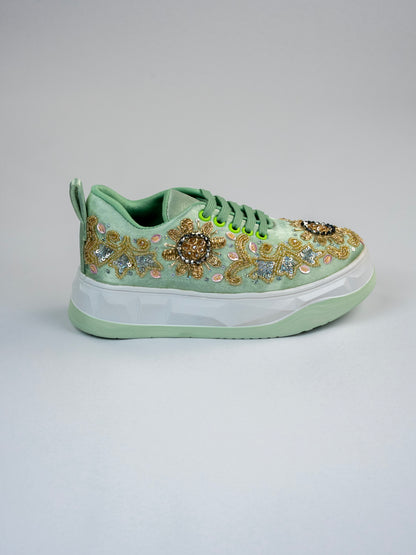 Jalwaa,Light Pista Green Satin Sneaker – Sunburst Floral Motif
