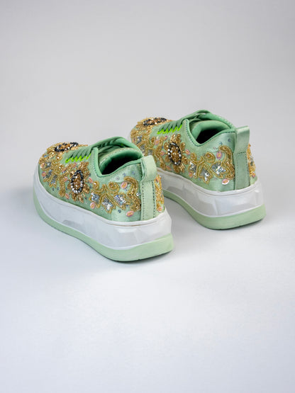 Jalwaa,Light Pista Green Satin Sneaker – Sunburst Floral Motif
