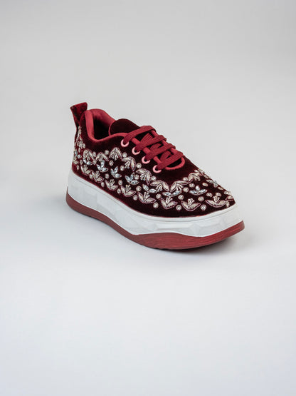 Chandni, Dark Maroon Velvet Sneakers – Silver Stone & Zari Work