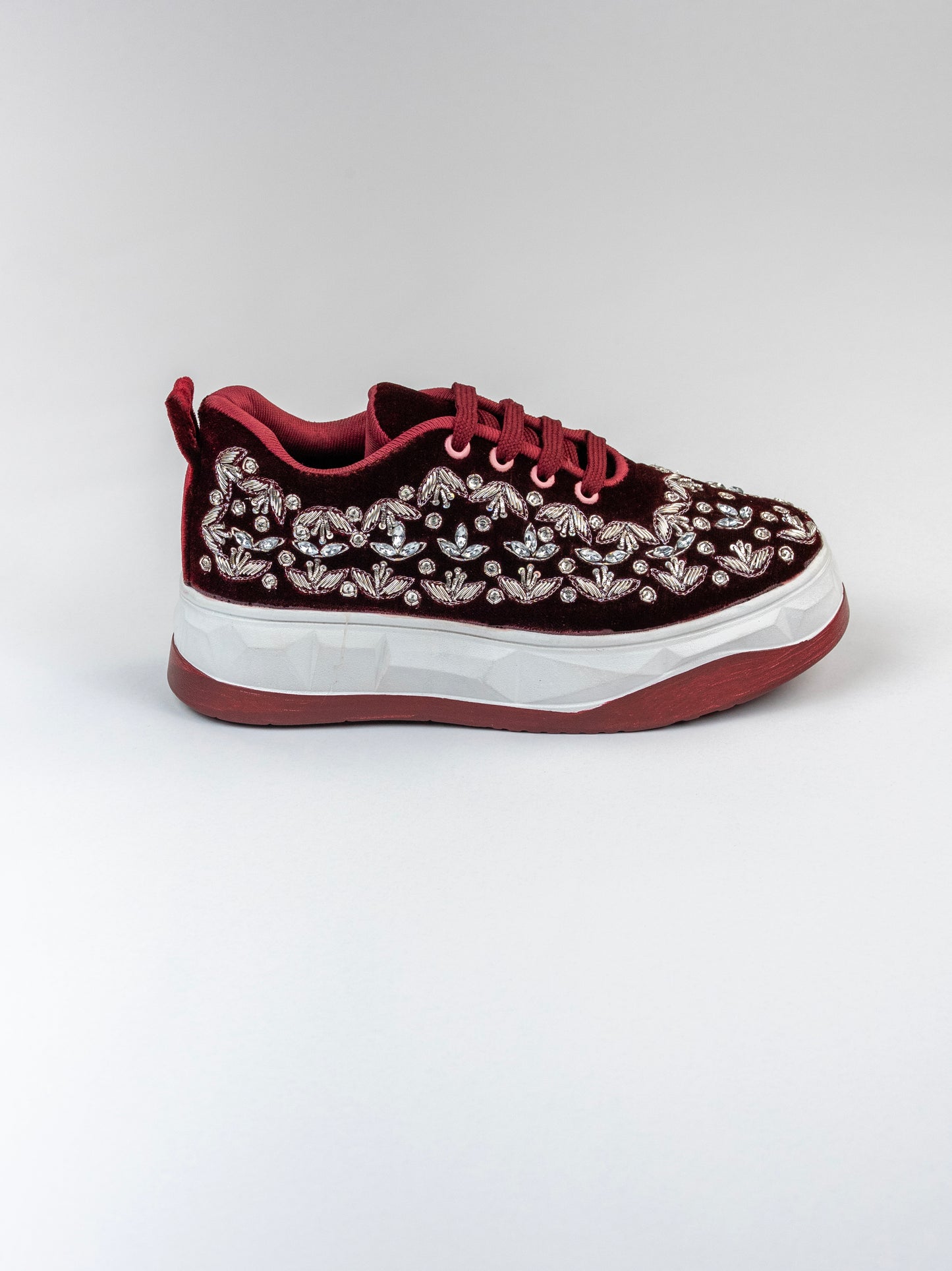 Chandni, Dark Maroon Velvet Sneakers – Silver Stone & Zari Work