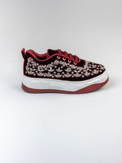 Chandni, Dark Maroon Velvet Sneakers – Silver Stone & Zari Work