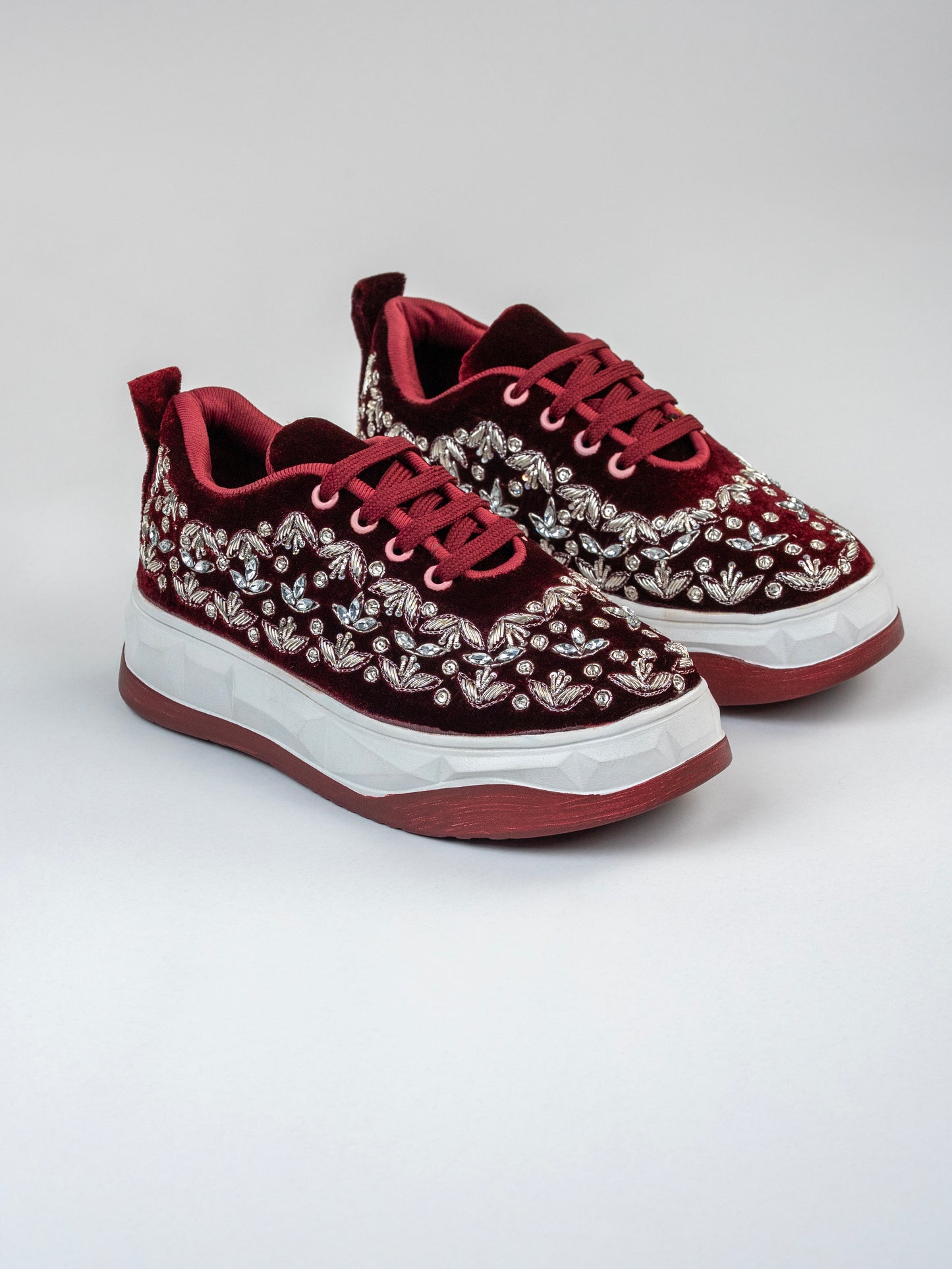 Chandni, Dark Maroon Velvet Sneakers – Silver Stone & Zari Work