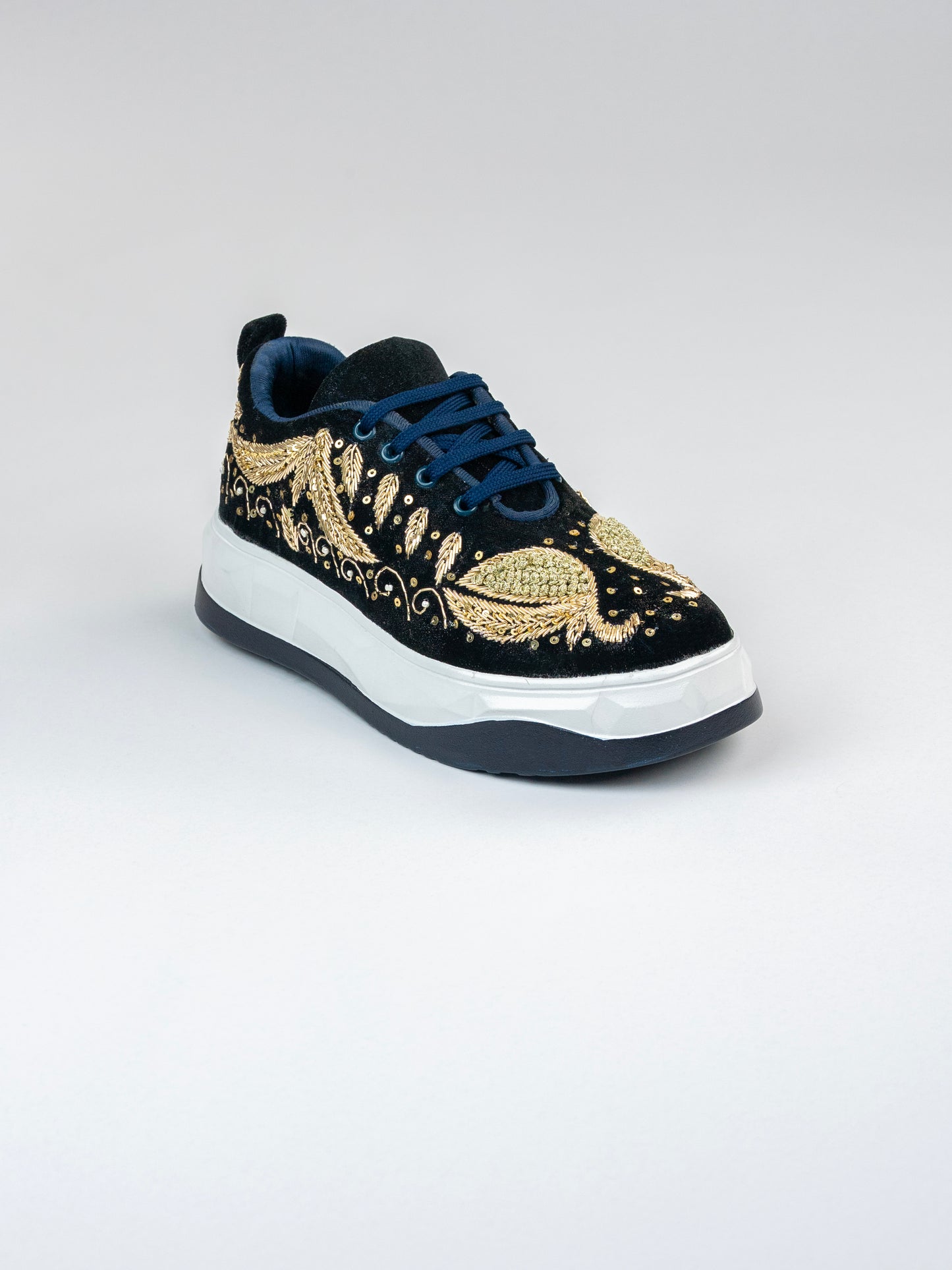 Morni, Dark Navy Blue Velvet Sneakers – Peacock Design, Golden Zari Work.