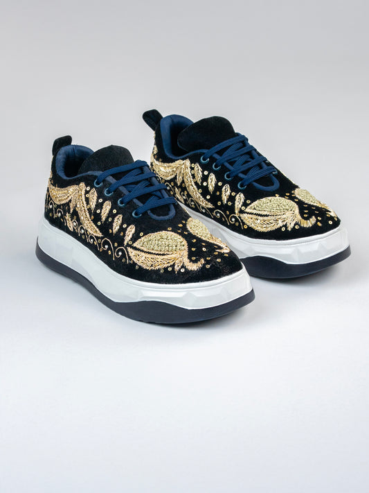Morni, Dark Navy Blue Velvet Sneakers – Peacock Design, Golden Zari Work.