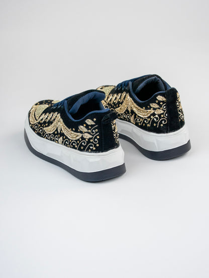 Morni, Dark Navy Blue Velvet Sneakers – Peacock Design, Golden Zari Work.