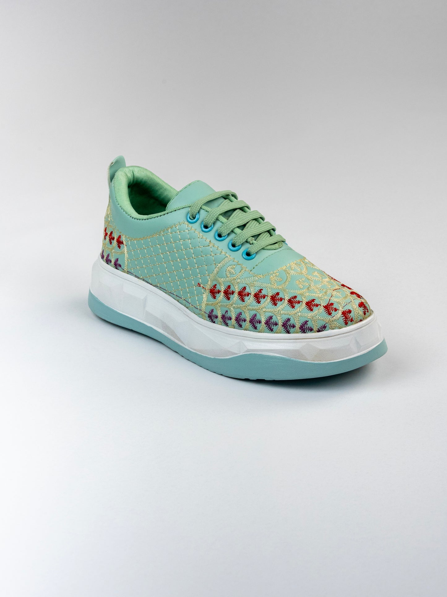 Mint-Green,Matte-Gloss Embroidered Sneakers – Scallop Floral Jaal Design