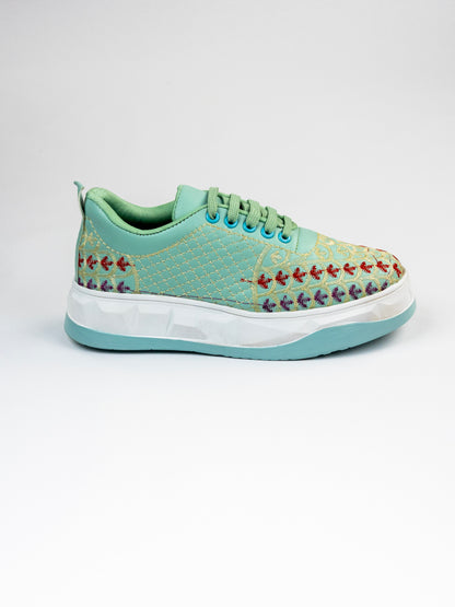 Mint-Green,Matte-Gloss Embroidered Sneakers – Scallop Floral Jaal Design