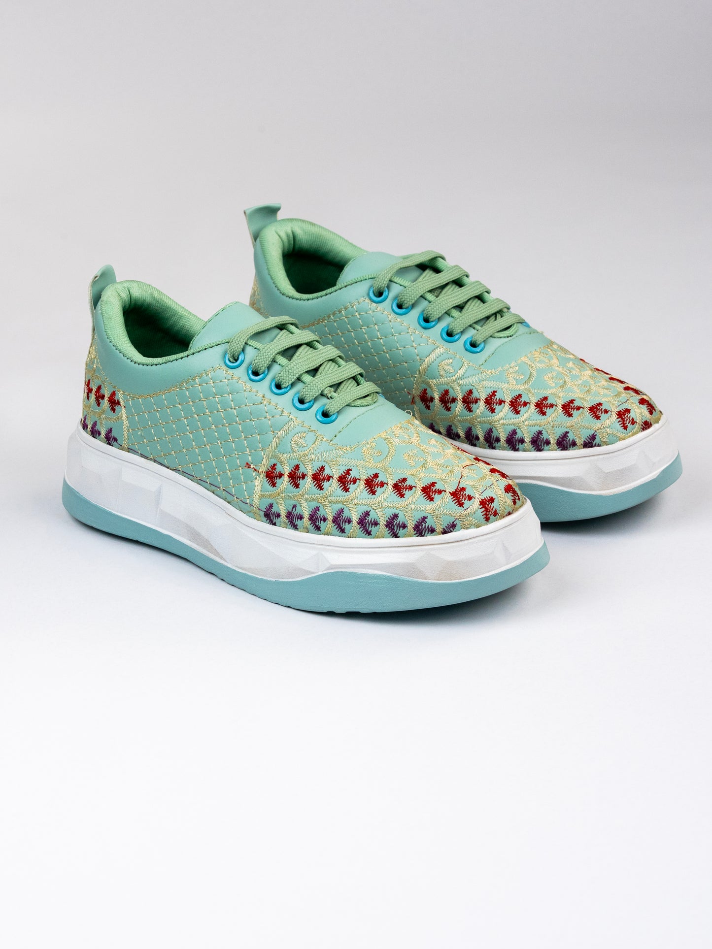 Mint-Green,Matte-Gloss Embroidered Sneakers – Scallop Floral Jaal Design