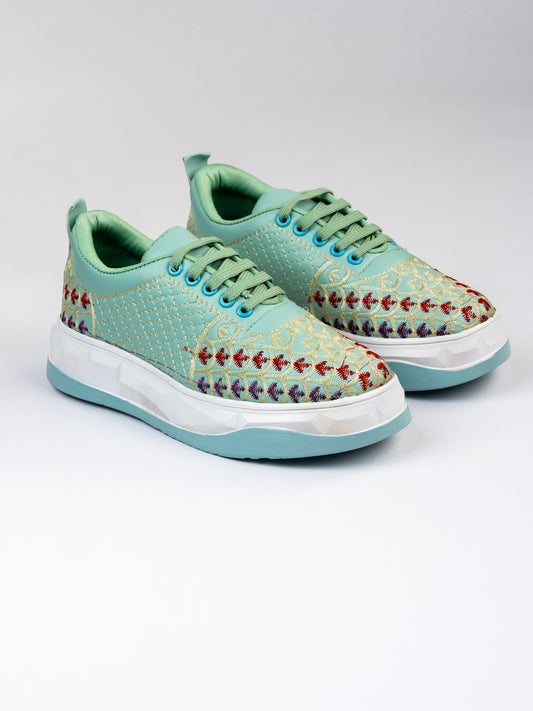 Mint-Green,Matte-Gloss Embroidered Sneakers – Scallop Floral Jaal Design