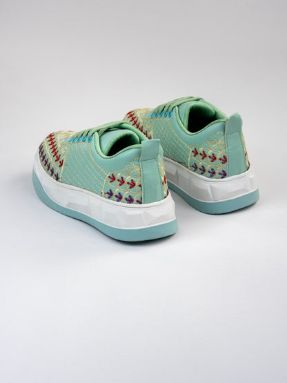 Mint-Green,Matte-Gloss Embroidered Sneakers – Scallop Floral Jaal Design
