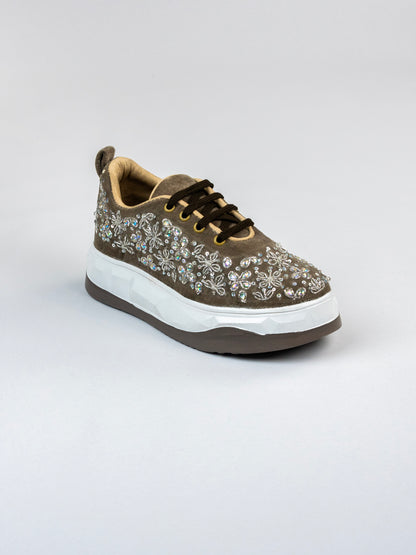 Chamak, Nude Light Brown Velvet Sneakers Crystal & Zari Work