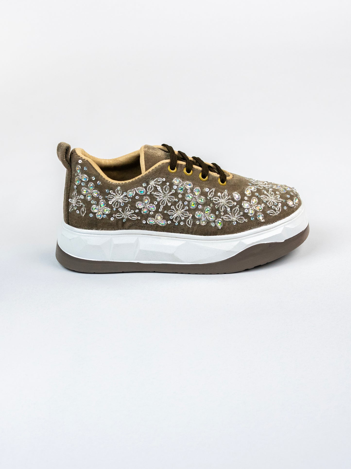 Chamak, Nude Light Brown Velvet Sneakers Crystal & Zari Work