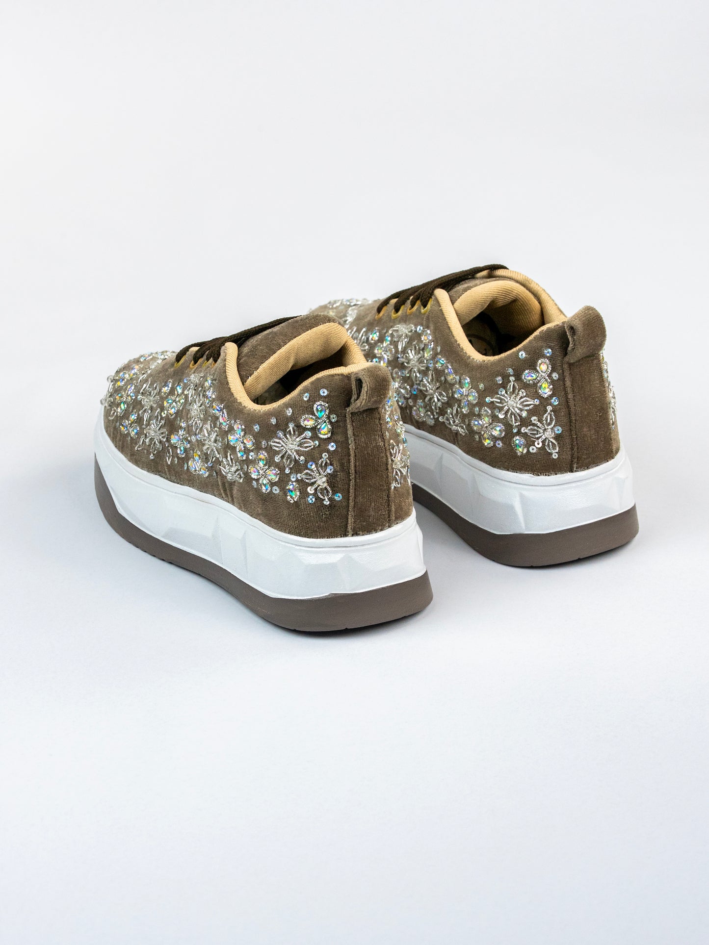 Chamak, Nude Light Brown Velvet Sneakers Crystal & Zari Work