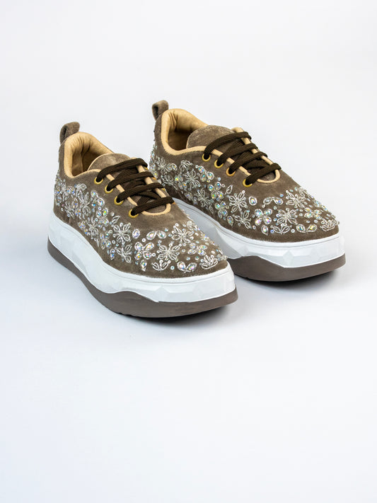 Chamak, Nude Light Brown Velvet Sneakers Crystal & Zari Work