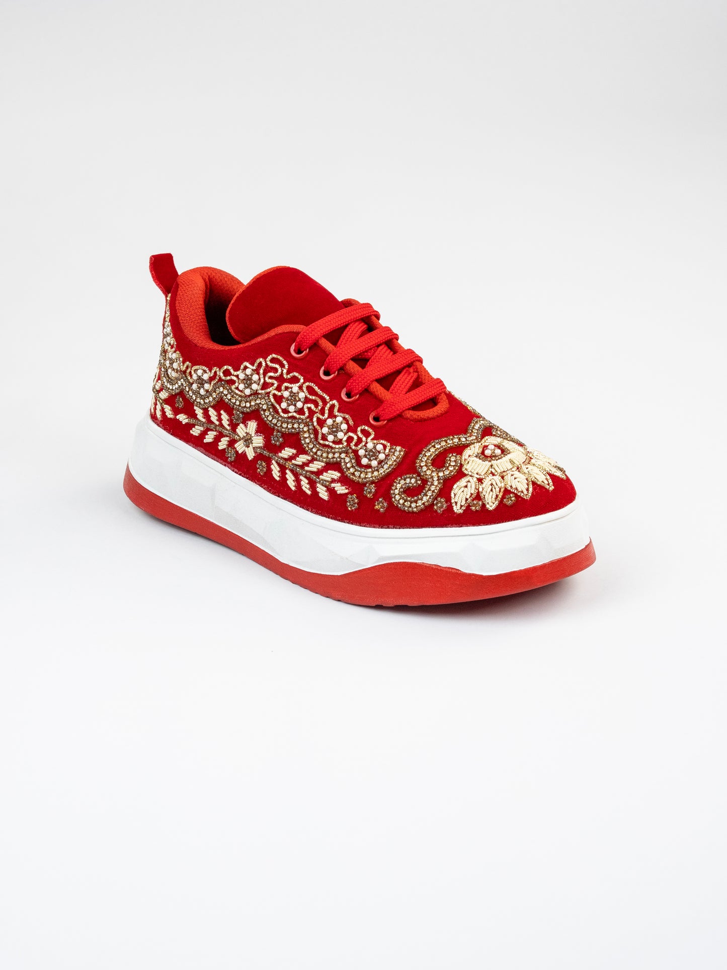 Jhalak, Embellished Red Velvet Sneaker – Belpatti Work, Stones & Zari Detailing
