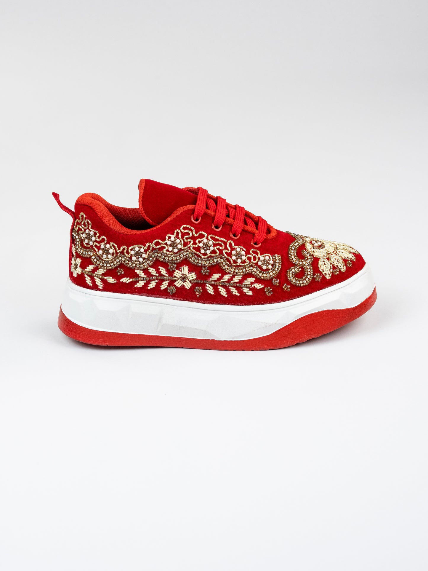 Jhalak, Embellished Red Velvet Sneaker – Belpatti Work, Stones & Zari Detailing
