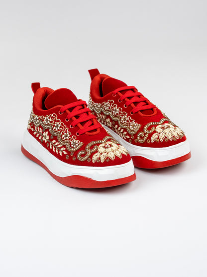 Jhalak, Embellished Red Velvet Sneaker – Belpatti Work, Stones & Zari Detailing