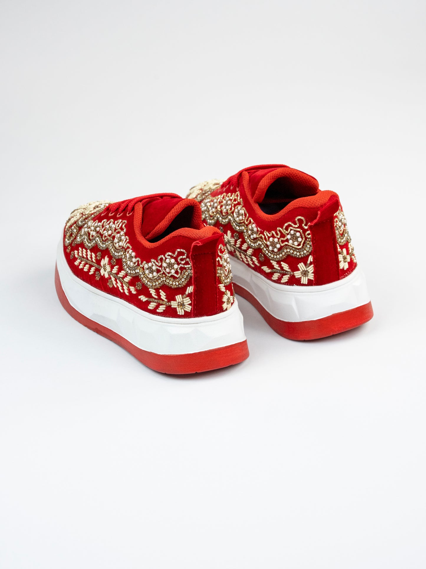 Jhalak, Embellished Red Velvet Sneaker – Belpatti Work, Stones & Zari Detailing
