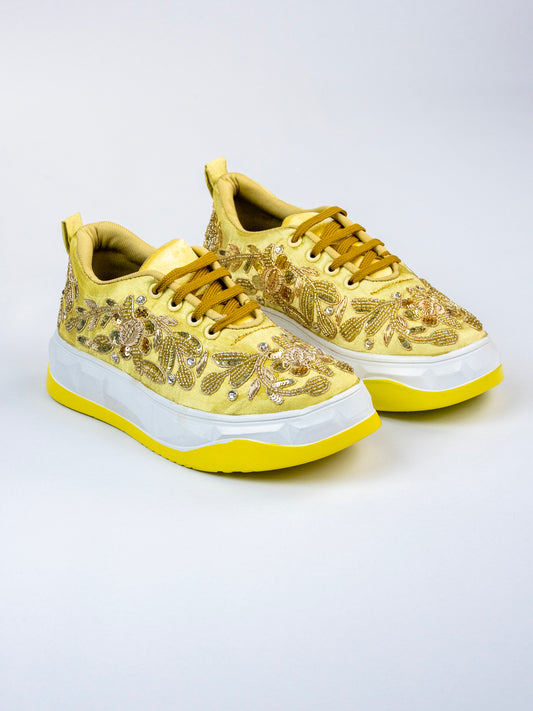 Sunehri, Golden Satin Embellished Footwear with Zari, Sequins & Copper Beads